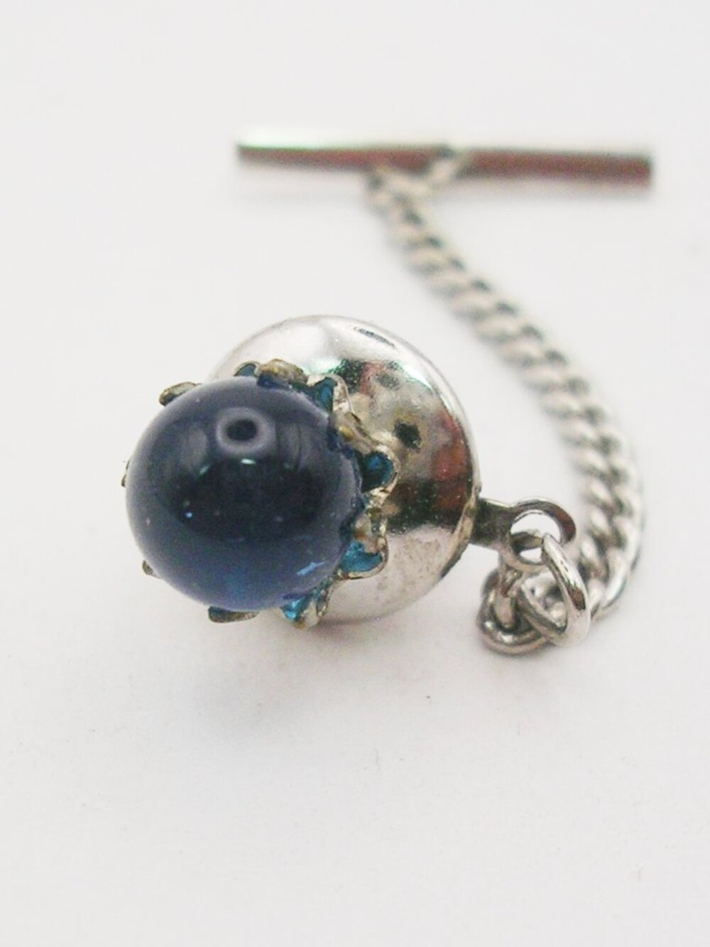 Vintage Tie Tack Pin with Chain blue Acrylic Pearl classic Men Formal Wear
